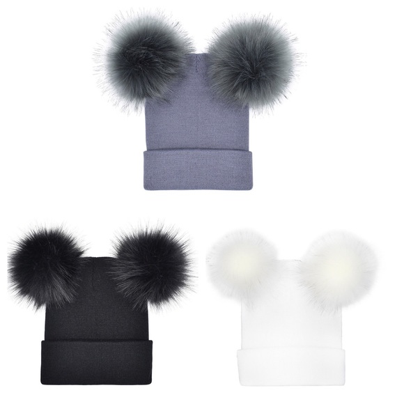 Warm Knitted Beanie with Double Faux Fur Pom Pom - Picture 2 of 8